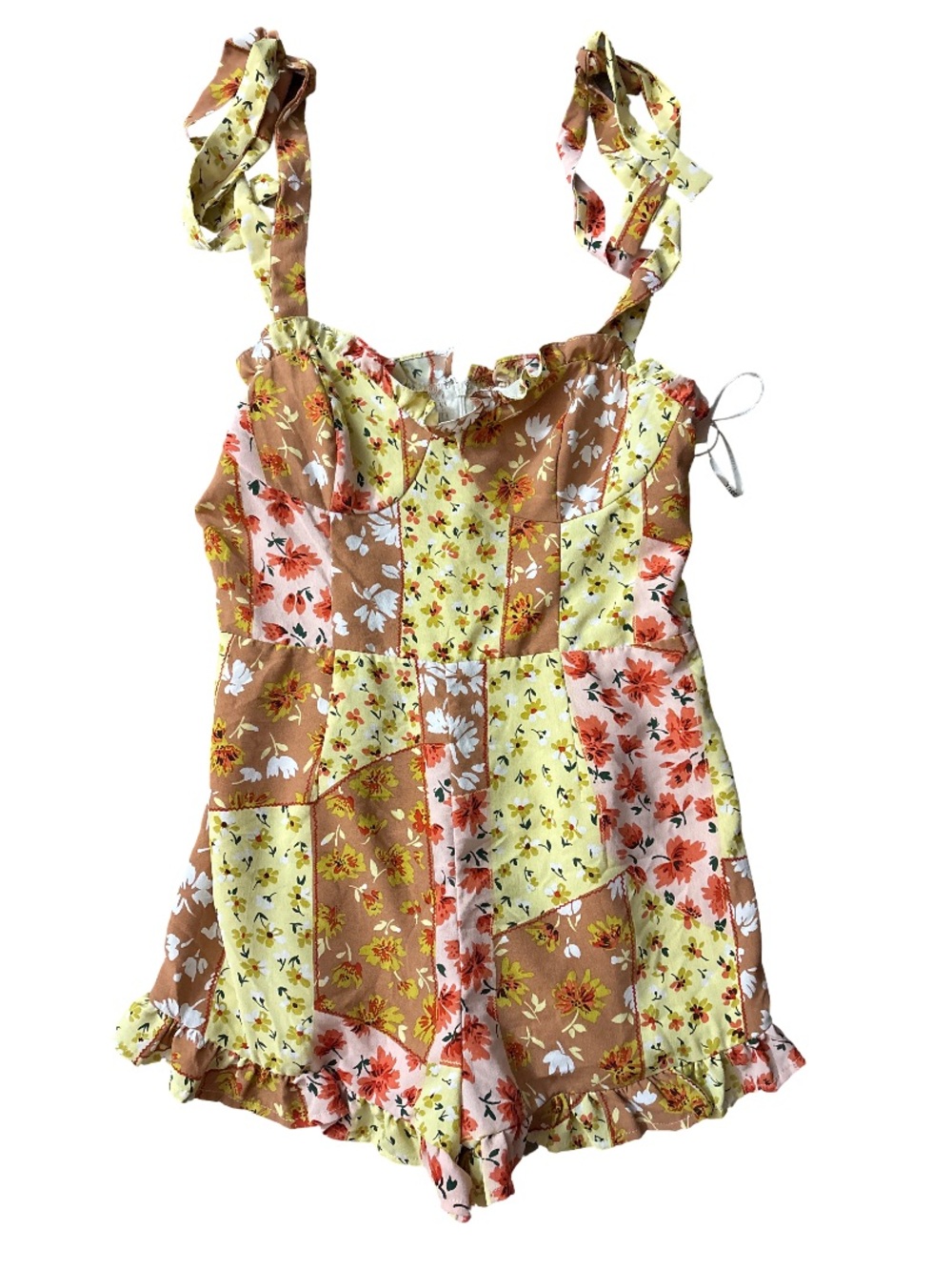 essue Yellow and Brown Floral Patchwork Romper
